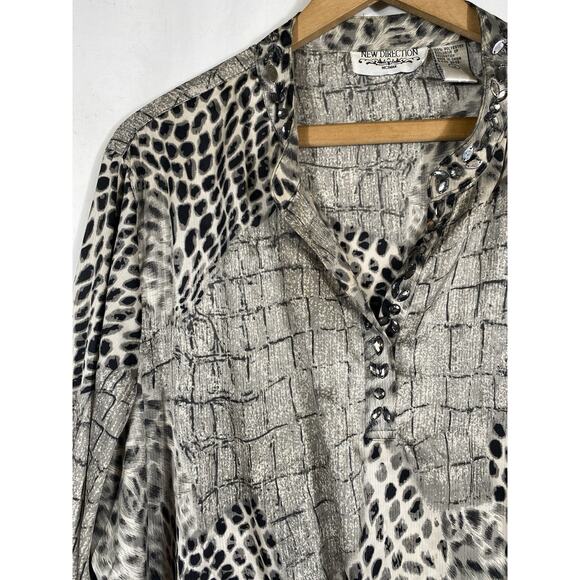 New Direction Tunic 1X Flowy Black Silver Gray Mixed Animal Print Boho Vintage - Picture 8 of 15